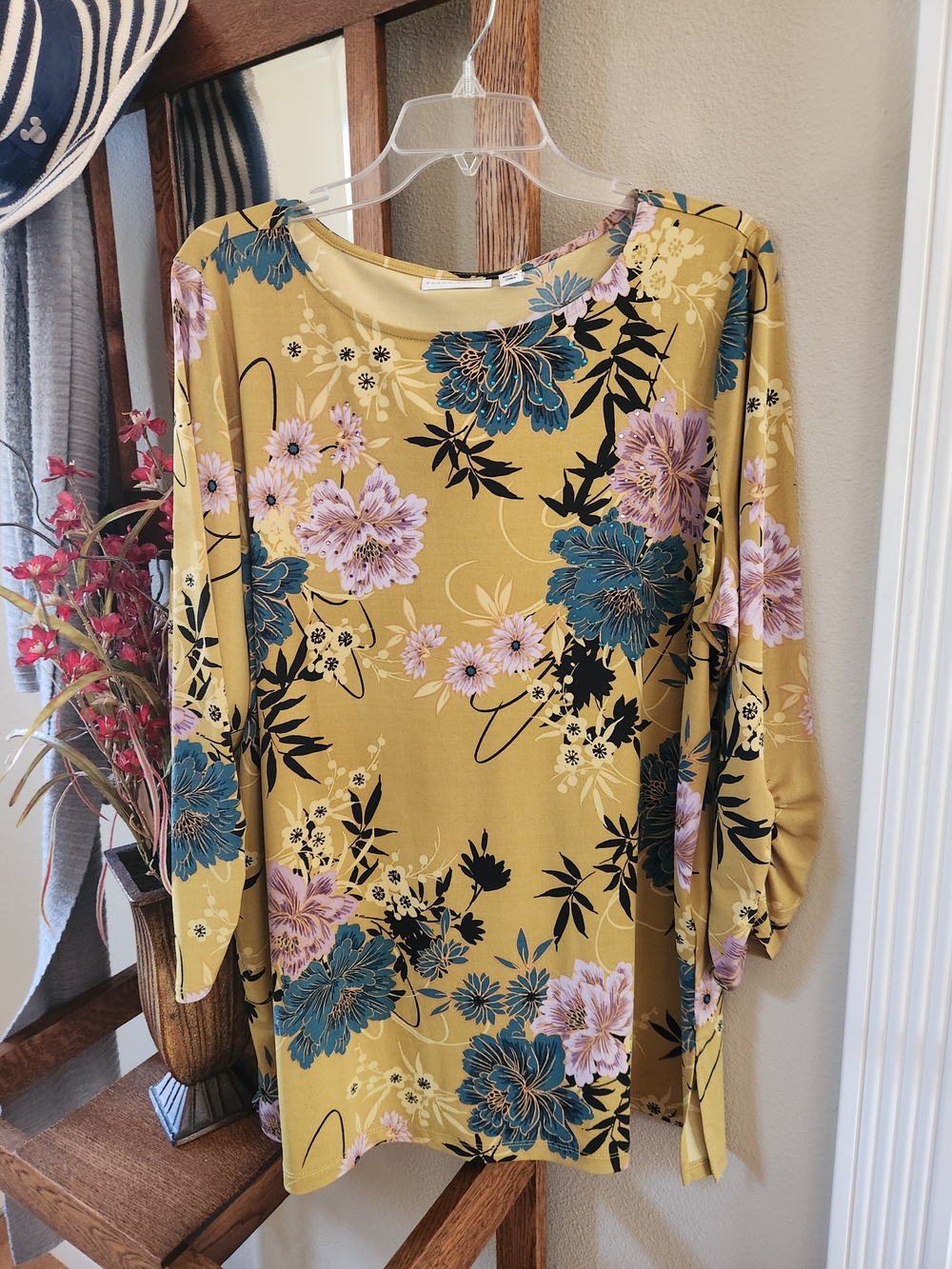Susan Graver Mustard Floral Long Sleeve Tunic Top Size XL